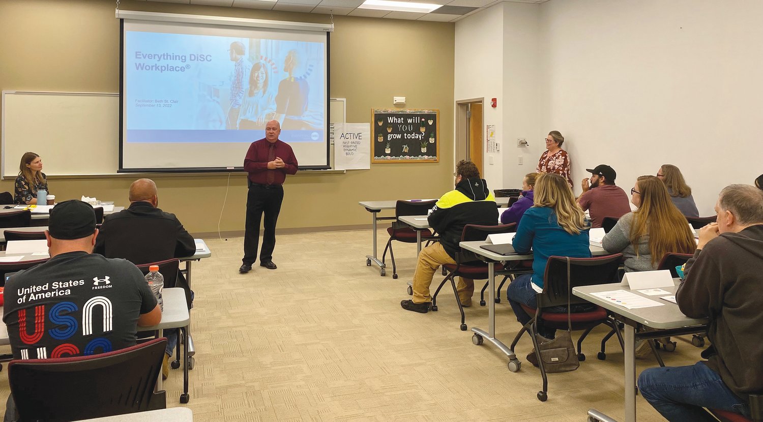 Mayor Todd Barton welcomes the first group of program participants for the six-week-long consortium-style professional development training program for employees in first-time leadership roles at the Ivy Tech-Crawfordsville campus.